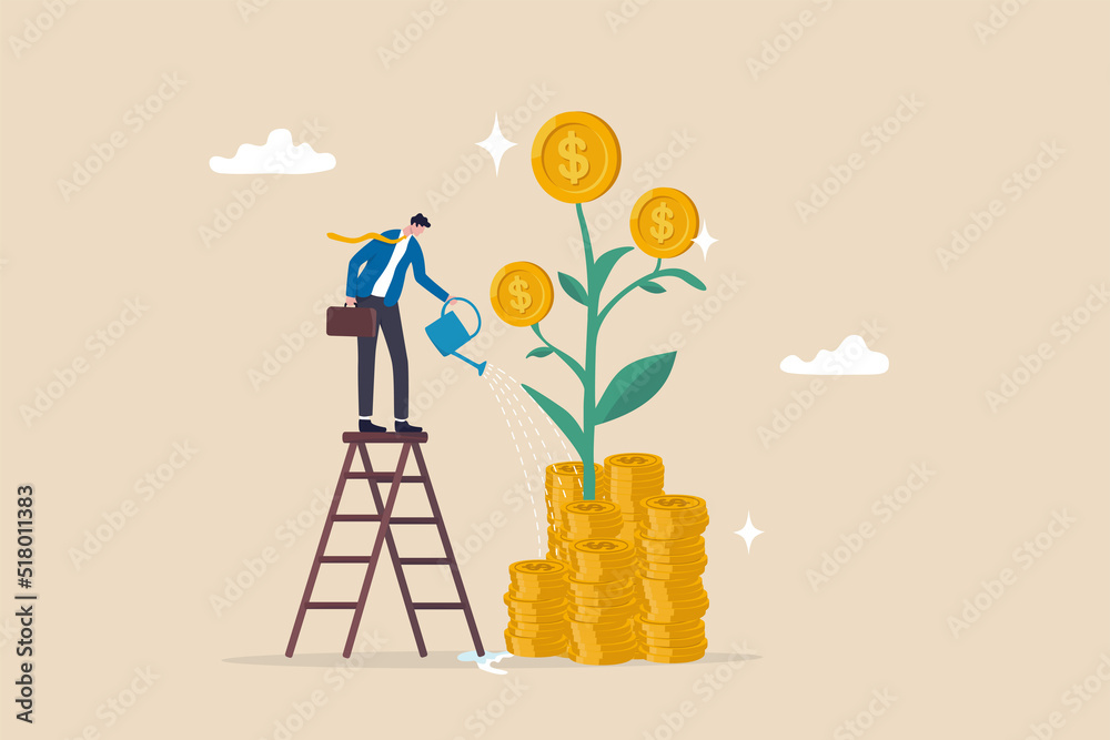 Mutual fund or growing investment, wealth profit growth or earning increase, savings or wealth management, pension fund concept, businessman investor watering stack dollar coin to grow money plant. - obrazy, fototapety, plakaty 