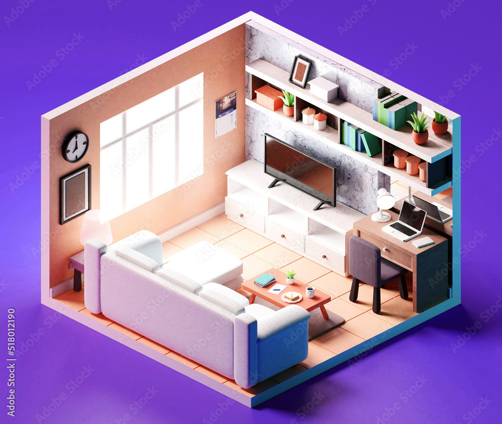 Livingroom includes furniture - working table with computer, office chair, bookshelf. 3D illustration