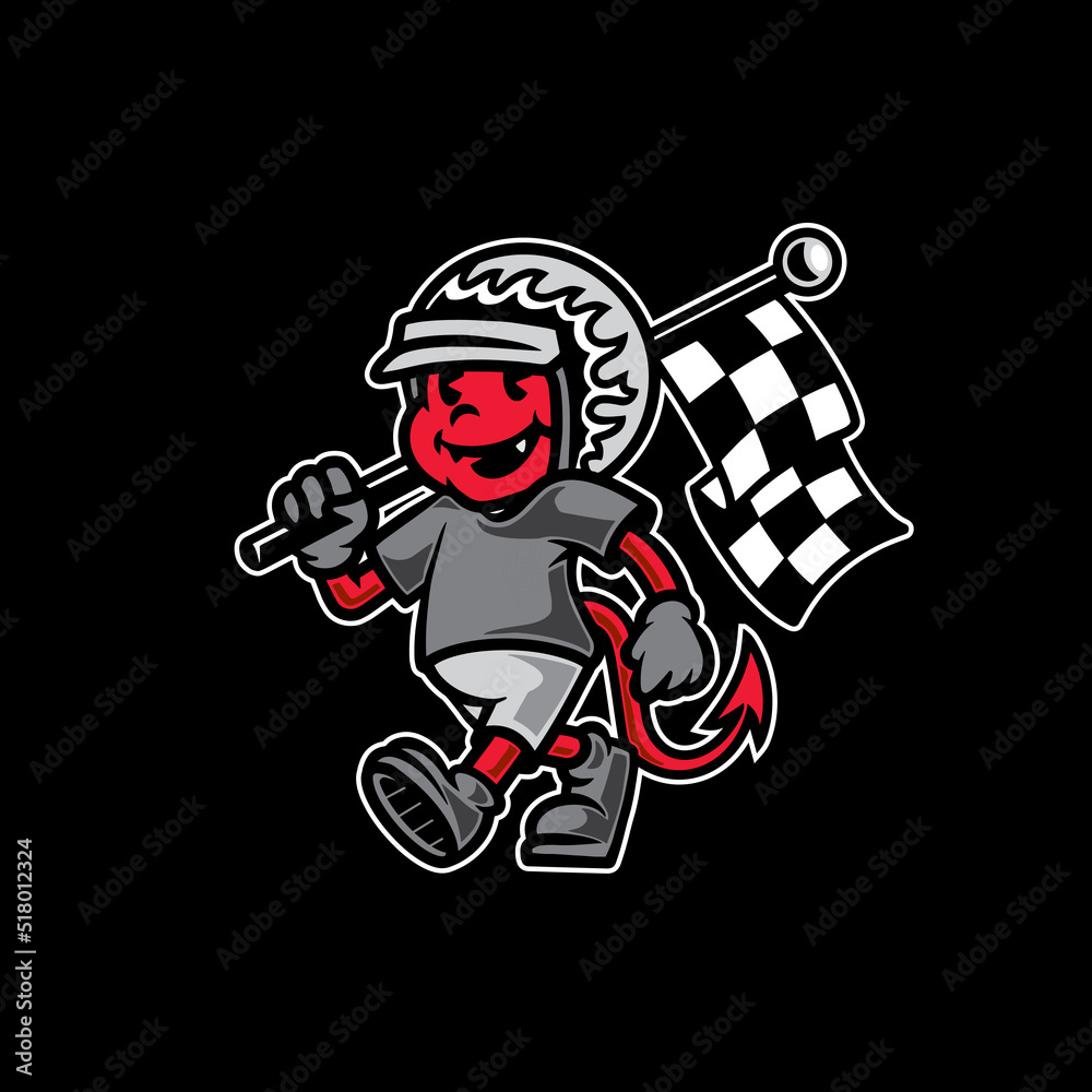 Cute mascot devil holding flag racing premium vector Cute mascot devil holding flag racing premium vector
