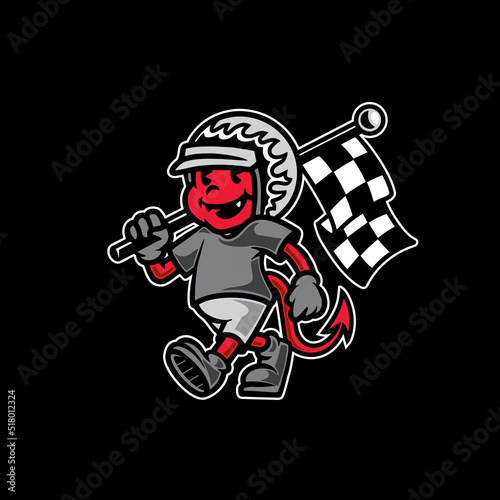 Cute mascot devil holding flag racing premium vector