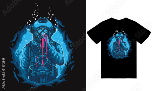 Deep sea illustration with tshirt design premium vector