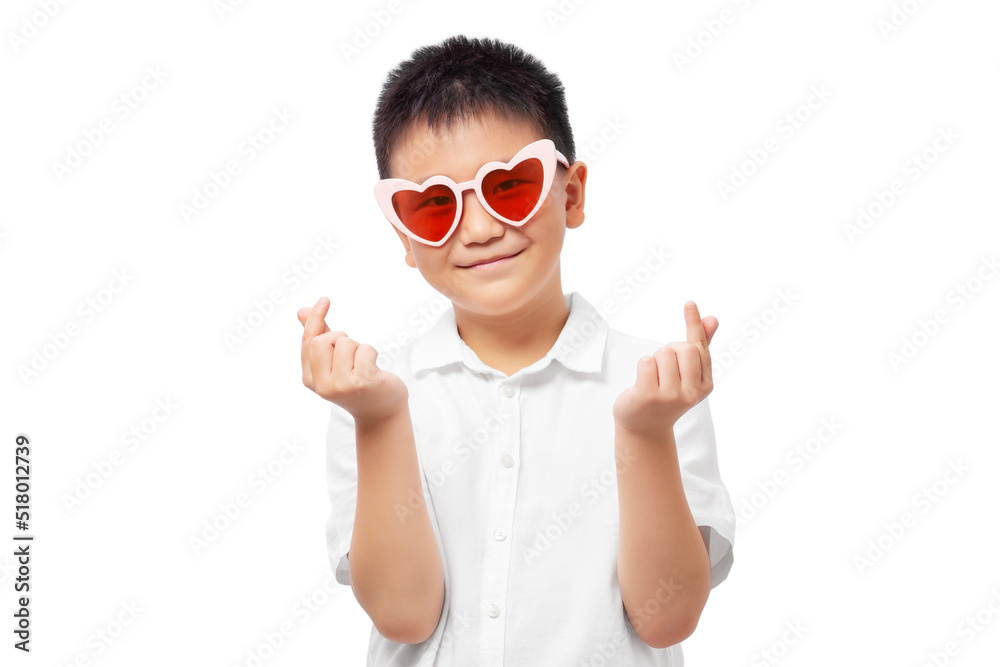 Kid with heart sunglasses and hand showing mini heart Kid with heart sunglasses and hand showing mini heart