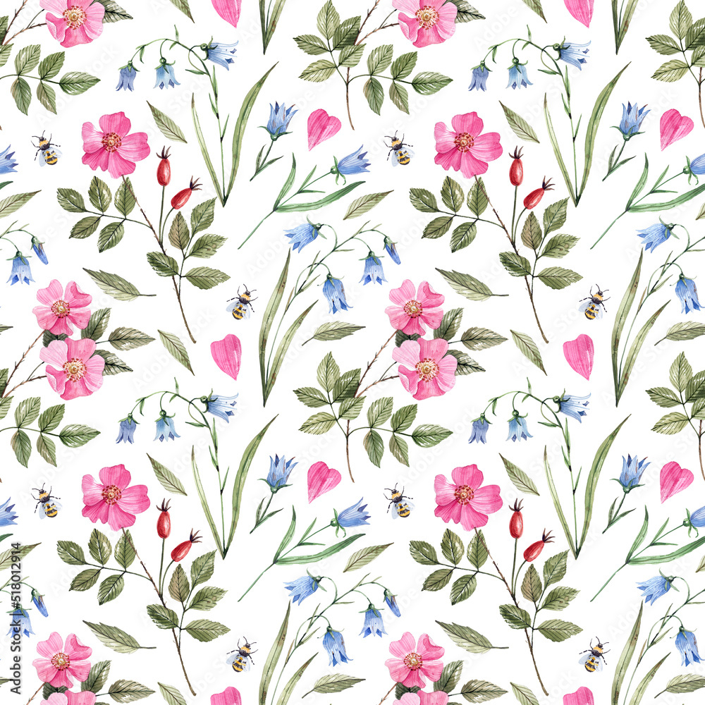 Watercolor, seamless pattern with delicate wild rose and bluebell flowers on a white background. Romantic, floral background. Floral background in retro style.