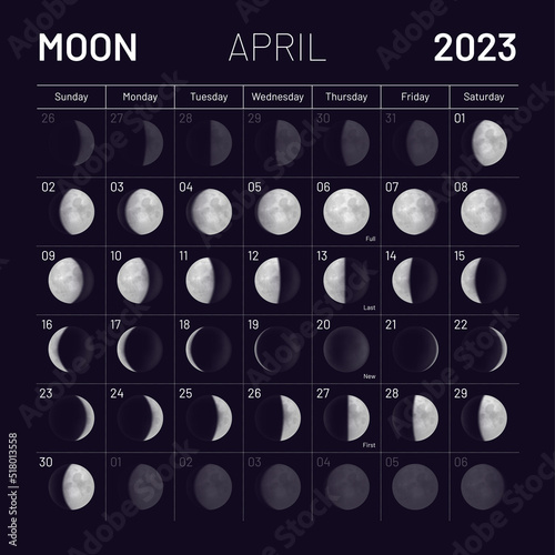 April lunar calendar for 2023 year, monthly cycle planner. Astrological schedule with lunar phases and cycles on black night background vector illustration