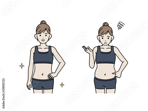 若い女性のウエスト　くびれ　スリム　お腹の脂肪　ダイエット　贅肉　イラスト