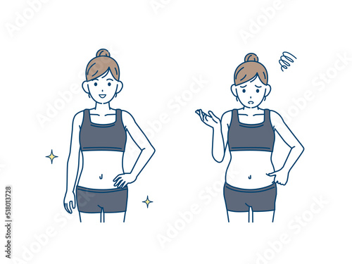 若い女性のウエスト　くびれ　スリム　お腹の脂肪　ダイエット　贅肉　イラスト