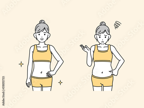 若い女性のウエスト　くびれ　スリム　お腹の脂肪　ダイエット　贅肉　イラスト
