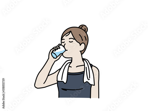 水分補給　水を飲む　若い女性　運動後　トレーニング後　イラスト