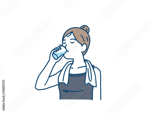 水分補給　水を飲む　若い女性　運動後　トレーニング後　イラスト