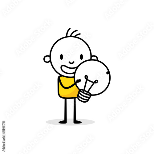 Businessman holds a light bulb on white background. Hand drawn doodle man. Idea and creativity concept. Vector stock illustration