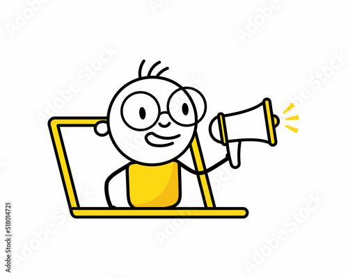 Man looks out through a laptop screen and announcing something in a megaphone in his hand. Online business and marketing concept. Vector stock illustration