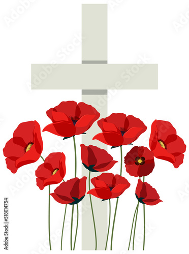 Poppy flowers on cross gravestone for remembrance day icon