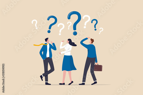 Confused people with confusion problem or doubt, lost in trouble or complexity, complicated questions or misunderstanding concept, businessman and businesswoman with many of confused question marks.