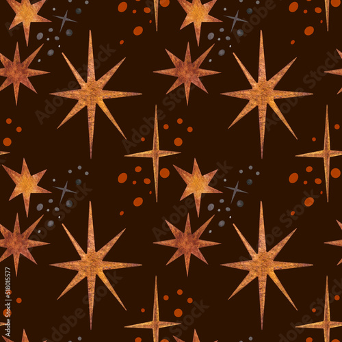 Seamless space pattern with stars, hand drawn in watercolor. Starry sky, golden stars decorative ornament of the universe on a dark background.