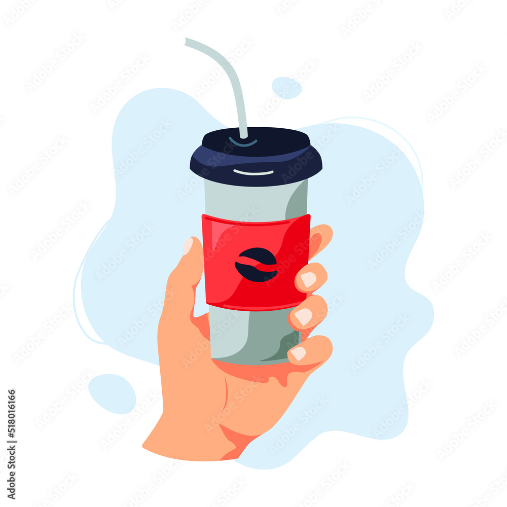 Hand with disposable cup. Vector illustration isolated on white background. Hand with disposable cup. Vector illustration isolated on white background.