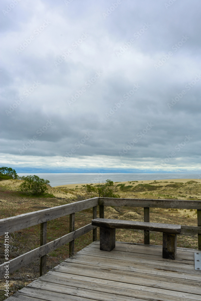The sea and sand dunes on a cloudy day.  A picturesque place on a sandy beach. sand dunes on the beach against a dramatic gray sky caused by an approaching thunderstorm. Selective focus.