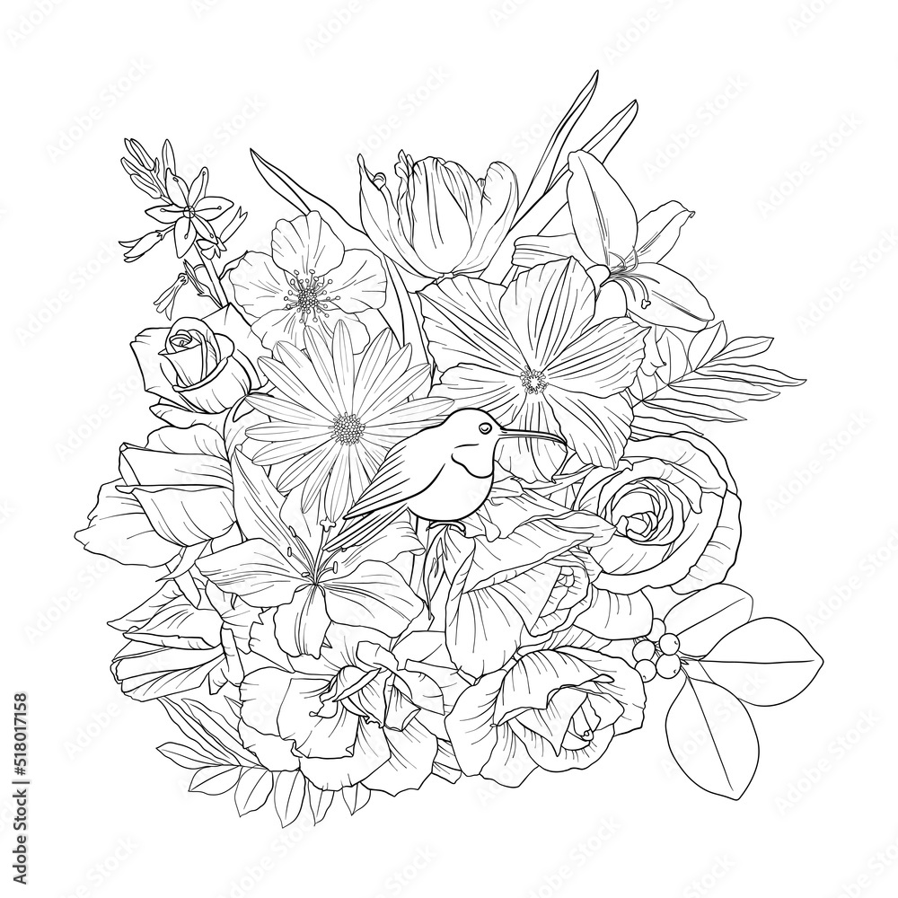 vector drawing natural background with hummingbird and flowers, black and white coloring page, hand drawn illustration