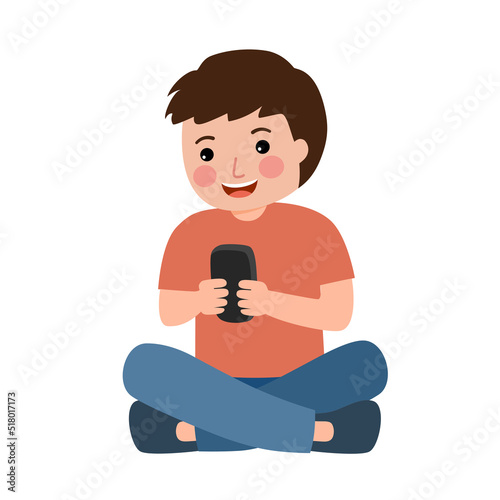 Boy child playing mobile phone in flat design on white background. Game on mobile app.