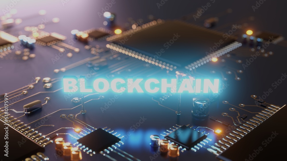 Blockchain tecnology. Glowing block chain text on computer circuit board 3d render illustration.