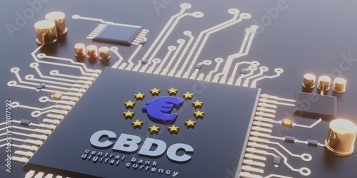 Circuit board processor and Euro coin digital currency 3D render background illustration