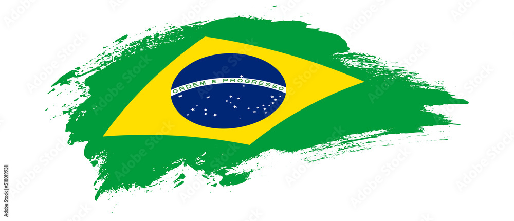National flag of Brazil with curve stain brush stroke effect on white ...