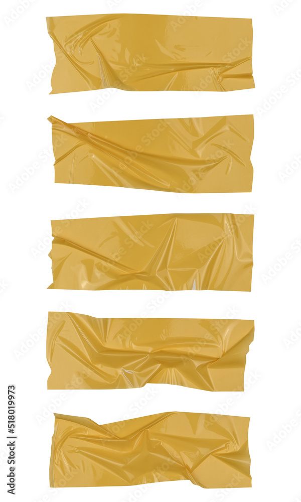 Yellow scotch tape on white background, crumpled sticky tape, different sizes