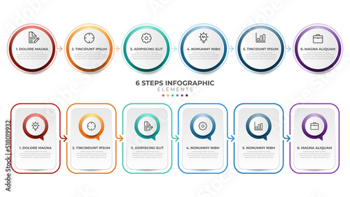6 list of steps, horizontal sequence with icon and number, infographic element template layout diagram