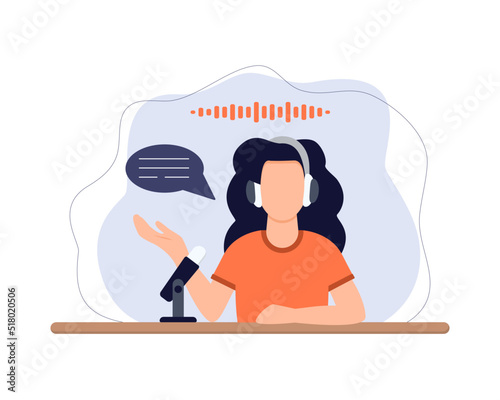 Podcast concept. Woman talking with the audience. Podcaster on the air.