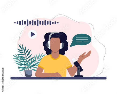 Podcast concept. Woman talking with the audience. Podcaster on the air.