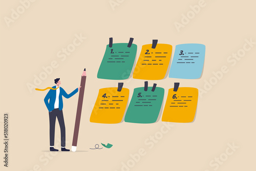 Category or prioritize work for project management, sorting important or urgency tasks, organize and plan for business success, kind or type concept, businessman with pencil categorized sticky notes.
