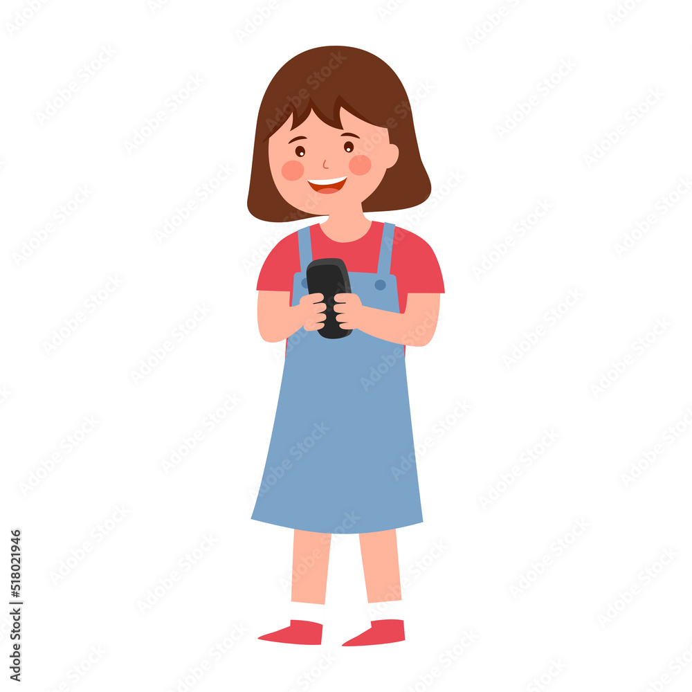 Girl child playing mobile phone in flat design on white background. Game on mobile app. Girl child playing mobile phone in flat design on white background. Game on mobile app.