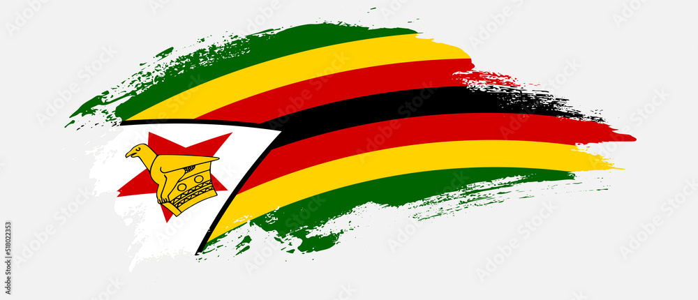 National flag of Zimbabwe with curve stain brush stroke effect on white background - obrazy, fototapety, plakaty 