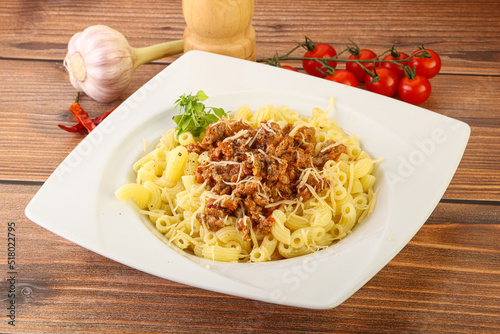 Bolognese pasta with beef meat and cheese