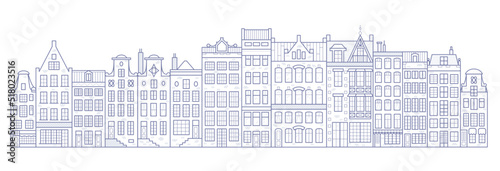 Amsterdam old style houses. Typical dutch canal houses lined up near a canal in the Netherlands. Building and facades for Banner or poster. Vector outline illustration.