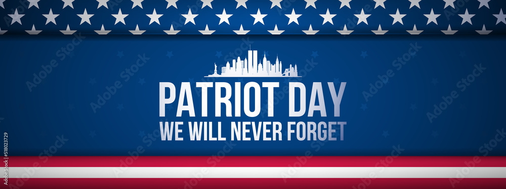 Patriot Day Banner with New York City silhouette. American USA flag. Patriotic american background. - obrazy, fototapety, plakaty 