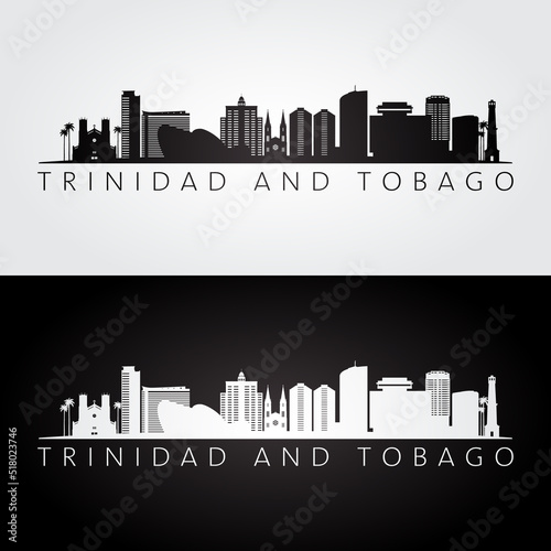 Trinidad and Tobago skyline and landmarks silhouette, black and white design, vector illustration.