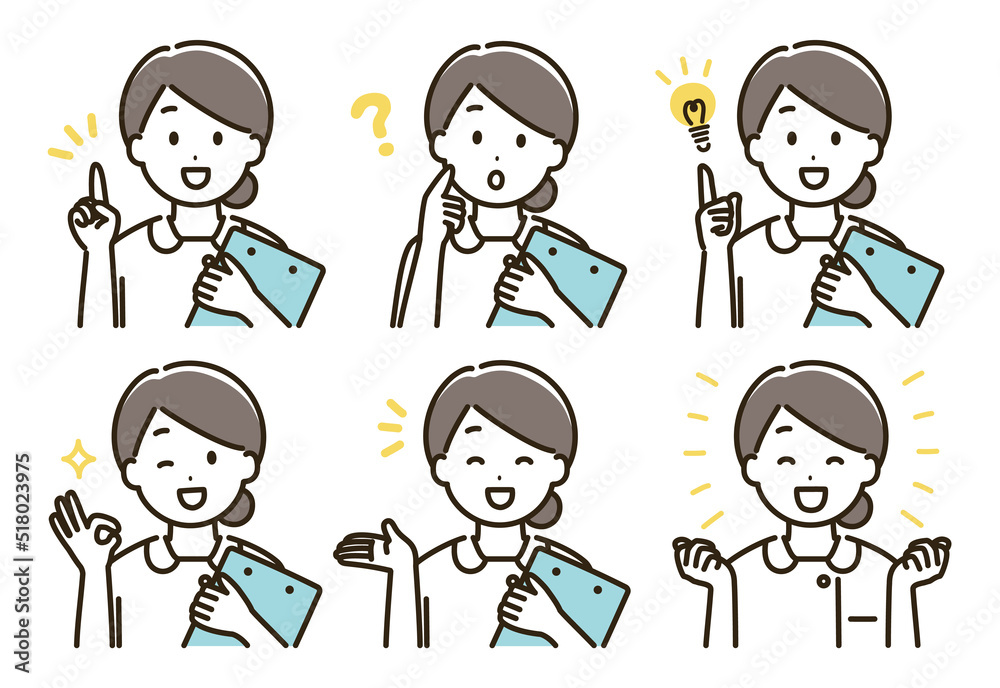 看護師の女性の表情バリエーションのイラストセット（肌色なしバージョン）