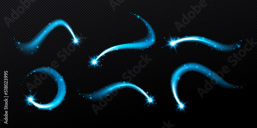 Magic spiral, twist effect with stars and sparkles. Blue swirl of wand isolated on black background. Magician spell, wizard, fairy light, shiny lightnings trace Realistic 3d Vector illustration © klyaksun