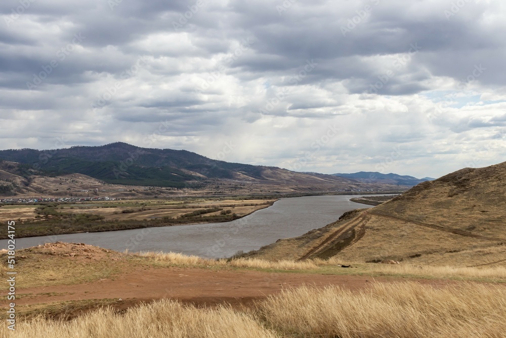 Landscape of the Selenga riverbed among the Buryat mountains and steppes
