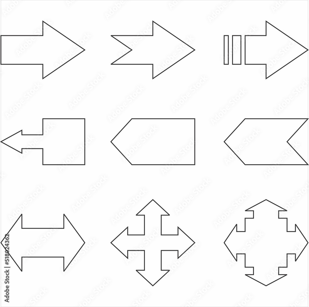 Vector, Image of set of arrows, black and white color, with transparent background