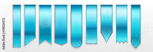 Blue bookmarks, ribbon, banner 3d mockup, blank book marks with rounded, pointed and straight edges. Vertical silk canvas, tags template, Realistic 3d vector icons isolated on transparent background