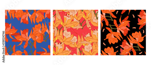 Set of three orange orchids patterns . Vector seamless backgrounds.