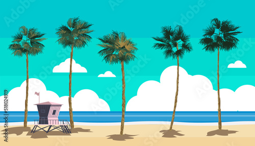 Beach landscape with Lifeguard Tower, Station. Palms, sea, ocean, coast view