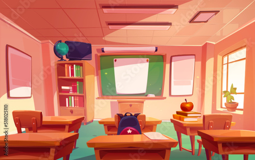 School classroom with green chalkboard, wooden tables and chairs, bookcase, globe and tv. Vector cartoon illustration of empty class interior with white blank poster on blackboard