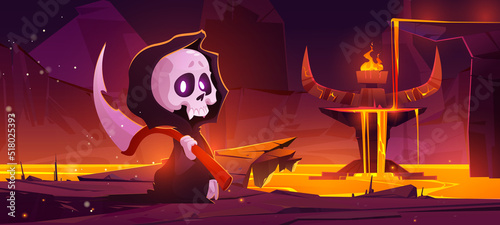 Grim reaper with scythe in hell. Funny death Halloween character wear black chlamydia with skull under hood on background with rocks, lava and devil altar horror scene, Cartoon vector illustration