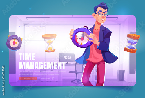 Time management cartoon landing page. Businessman holding alarm clock in office with hourglasses around. Work productivity, deadline, business working process organization concept Vector web banner