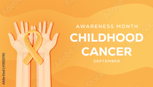 Childhood cancer awareness month illustration background with hands and yellow ribbon
