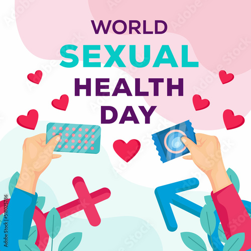 world sexual health day illustration with two hands holding condom and contraceptive pill