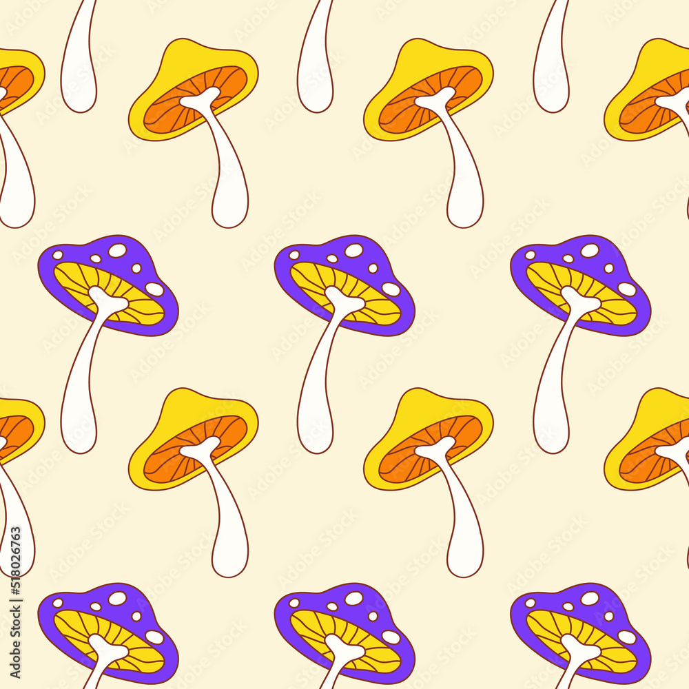 Floral hippie seamless pattern with cute mushrooms on a light background. Groovy retro vintage print in style 70s, 80s. Vector illustration