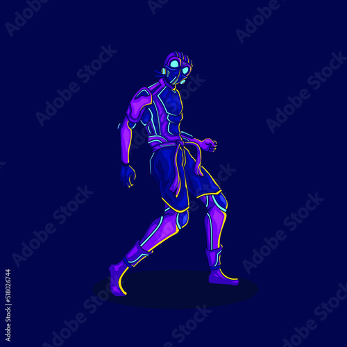 Karate cyborg in cyberpunk art style. Colorful fiction design with dark background. 